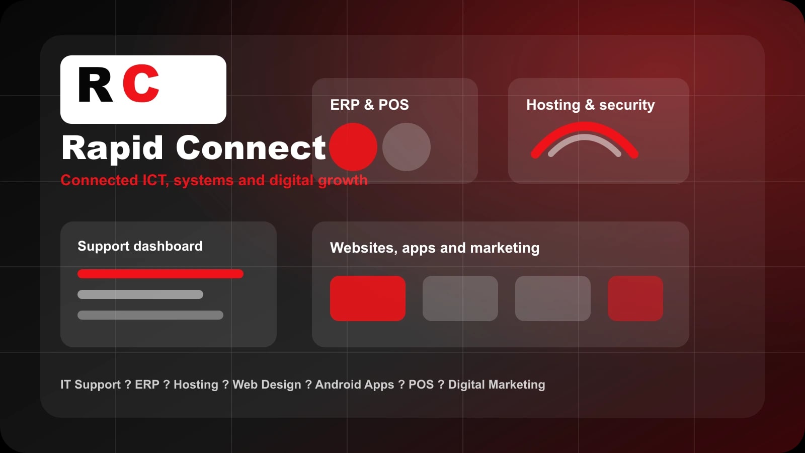 Rapid ICT Solutions technology dashboard covering IT support, ERP, hosting, apps and POS systems